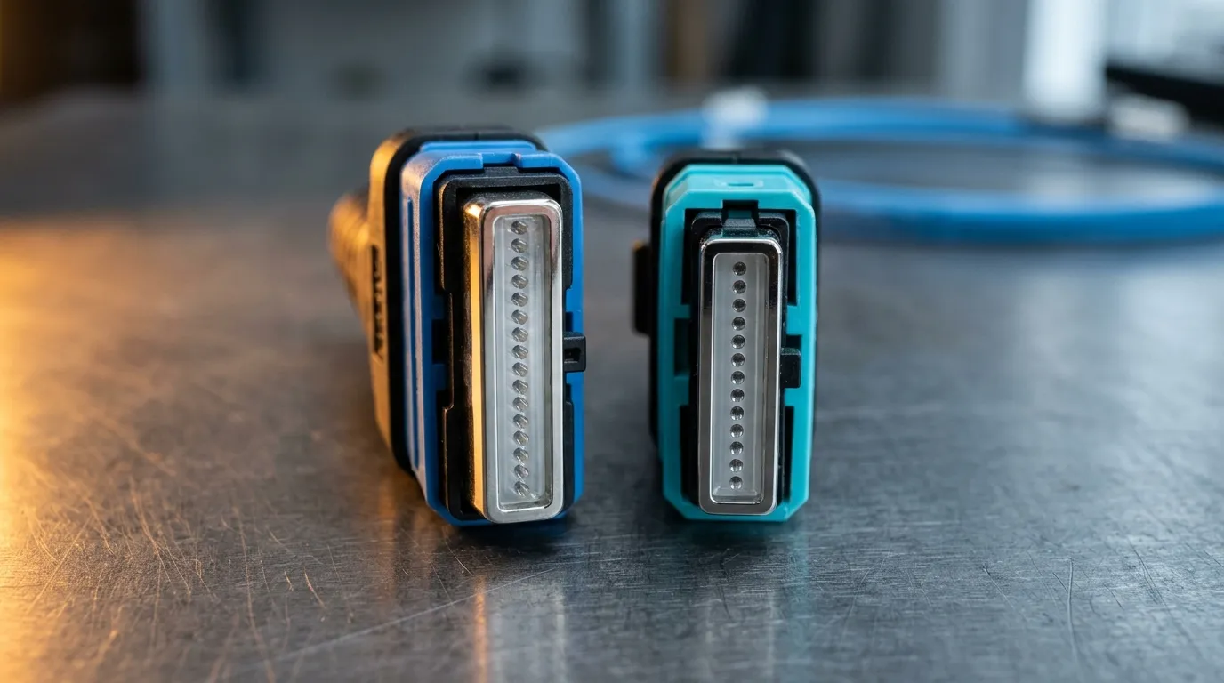 A 16-position MPO ferrule beside a 12-position one on a metal bench, angled light across both end faces