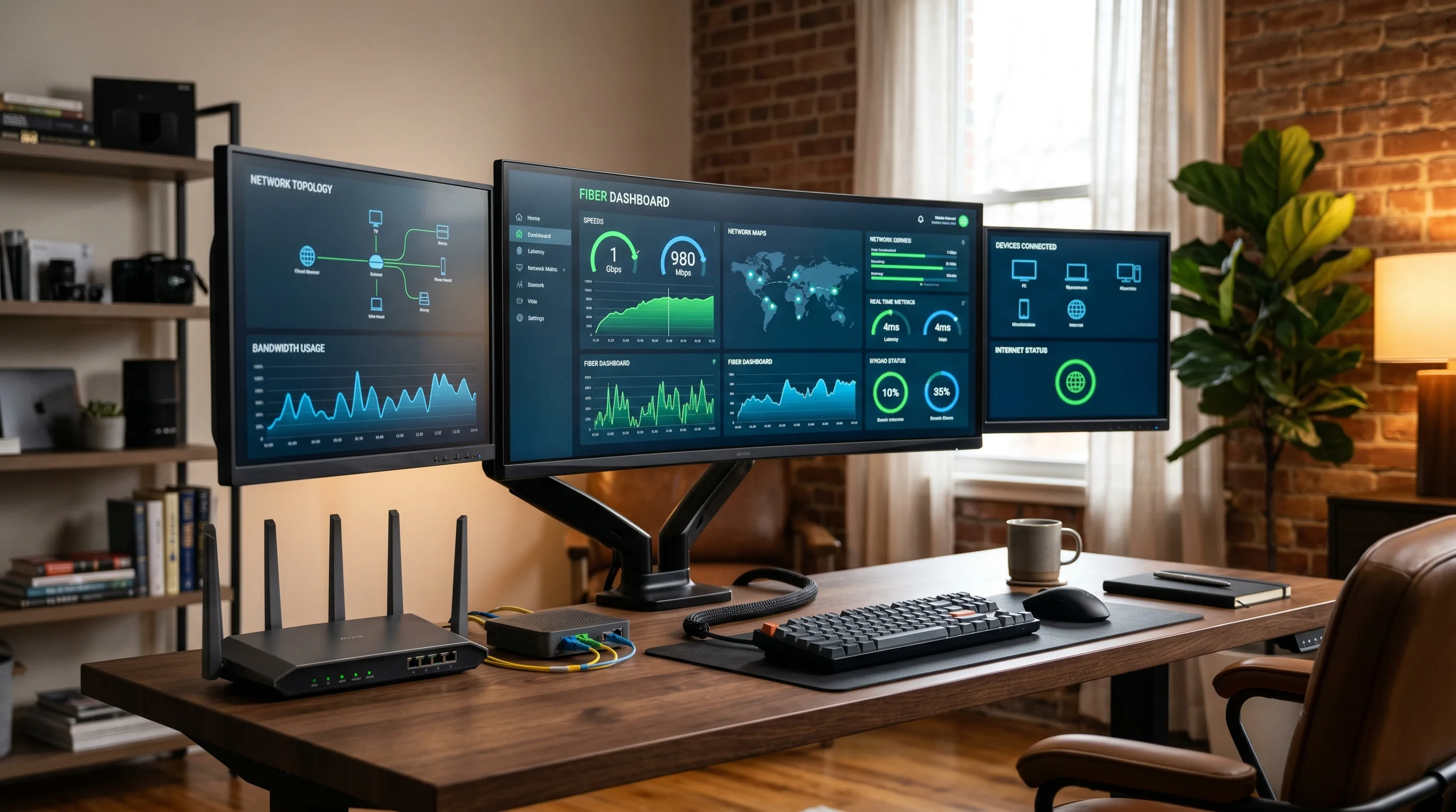 Modern home office with multiple monitors showing high-speed fiber internet dashboards next to an ONT and router
