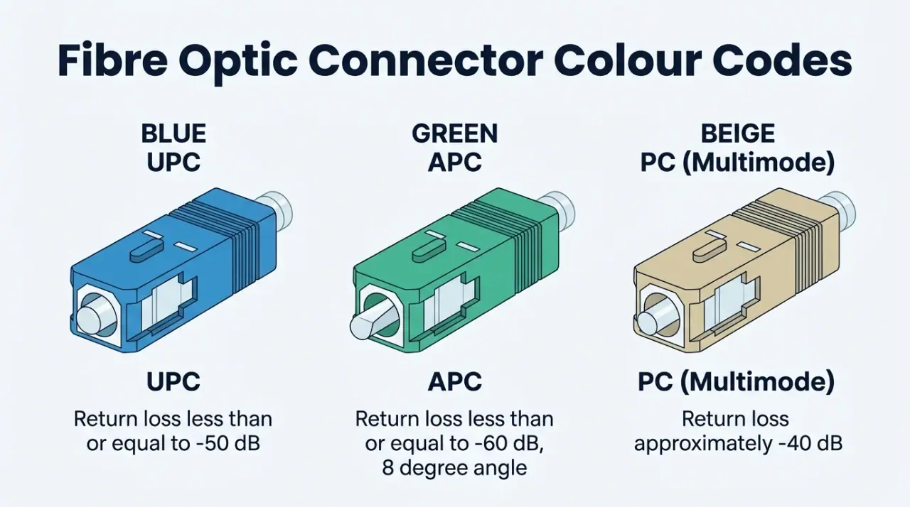 A fibre optic connector colour code chart showing UPC connectors with blue bodies, APC connectors with green bodies at an 8-degree angle, and multimode PC connectors in beige, with return loss values for each