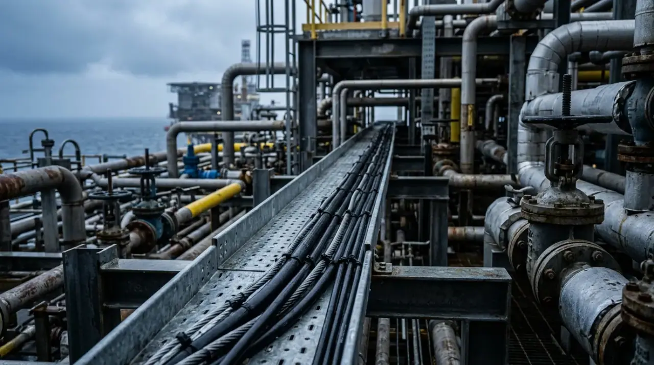Black armored fiber optic cables run on a steel cable tray along an offshore platform pipe rack, salt-spray environment, overcast light