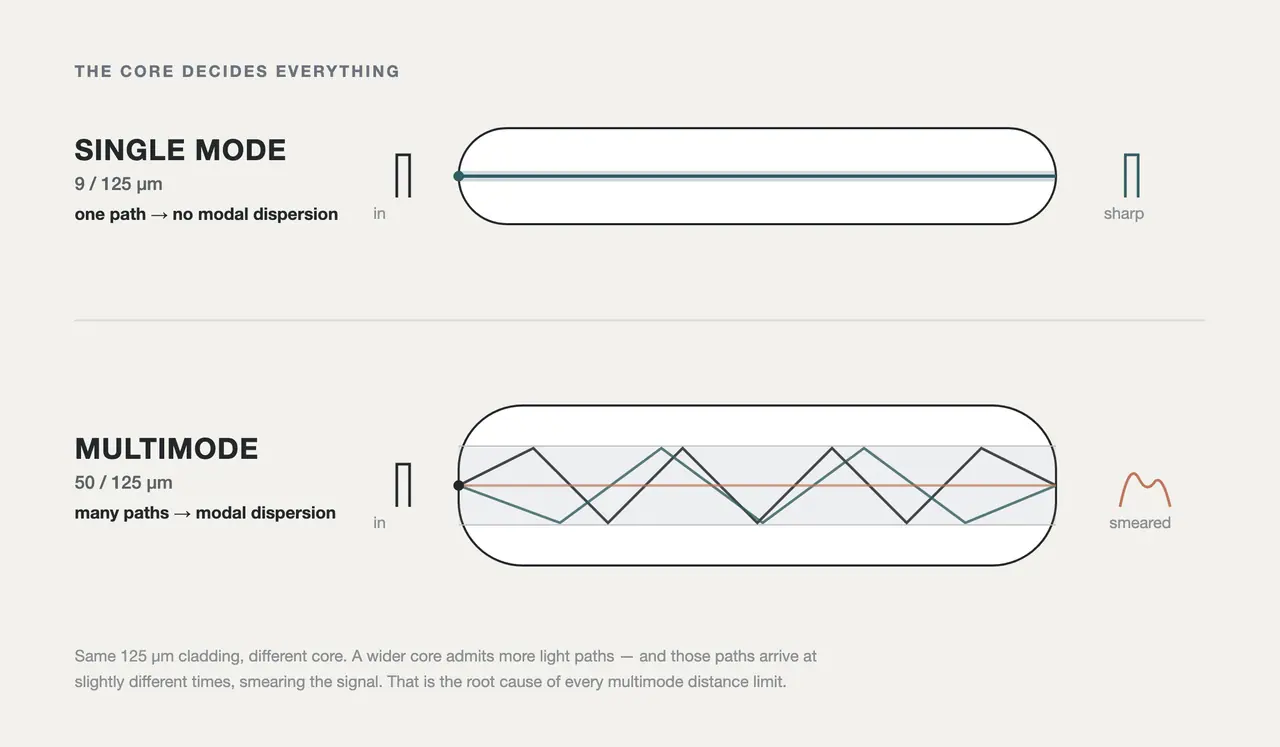 Cross-section diagram comparing single mode fiber with a 9 micron core carrying one straight light ray versus multimode fiber with a 50 micron core carrying multiple light rays that bounce at different angles and spread out over distance