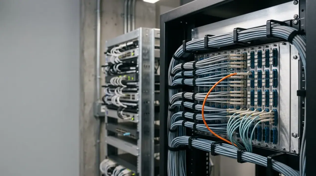 Rack-mount fiber patch panel with neatly dressed patch cords in a telecom room, one orange cord as accent.