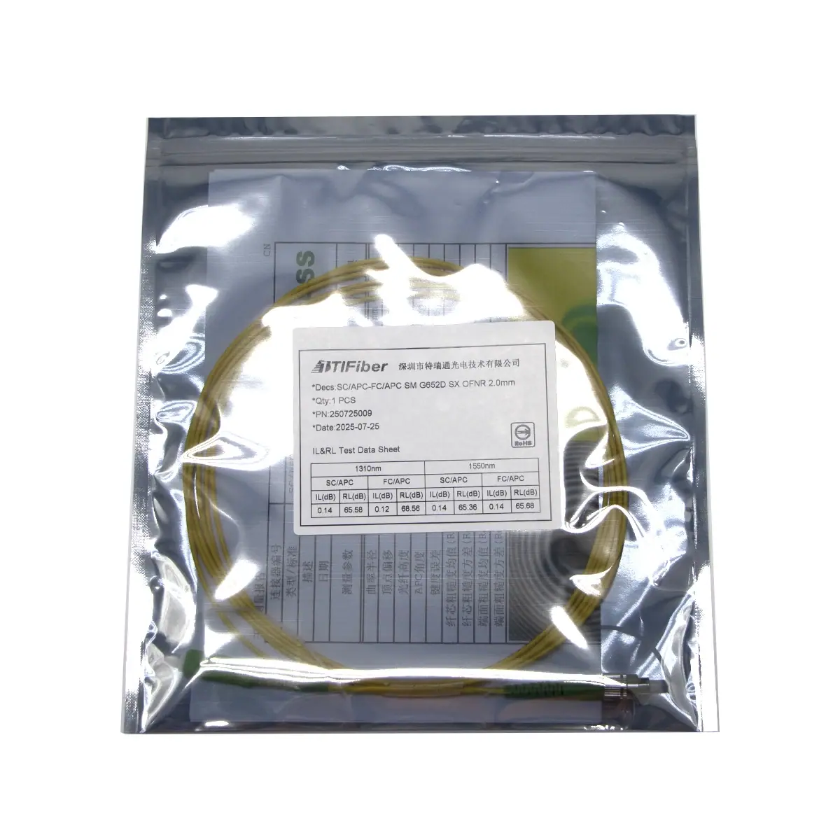 Factory insertion loss and return loss test data sheet supplied with a finished fiber patch cord