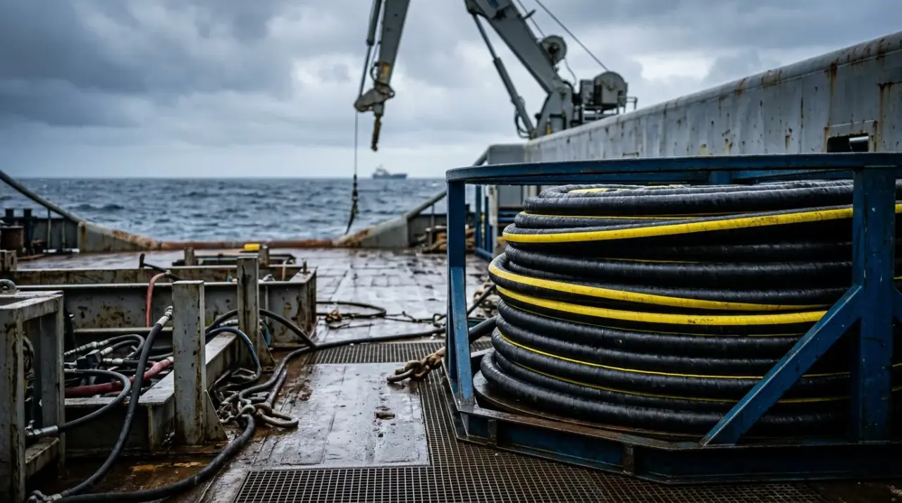 Industrial subsea umbilical drum on a vessel deck, heavy steel-tube armored cable with yellow marking band paying out toward the sea