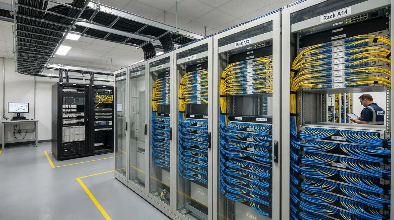 Telecom room with racks of fiber patch panels and neatly routed patch cords, the distribution point of a hierarchical star cabling system
