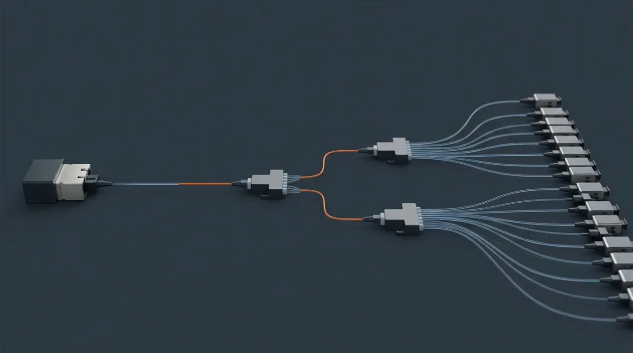 Schematic of one PON port feeding a cascaded passive splitter stage and drop fibers to customer terminals