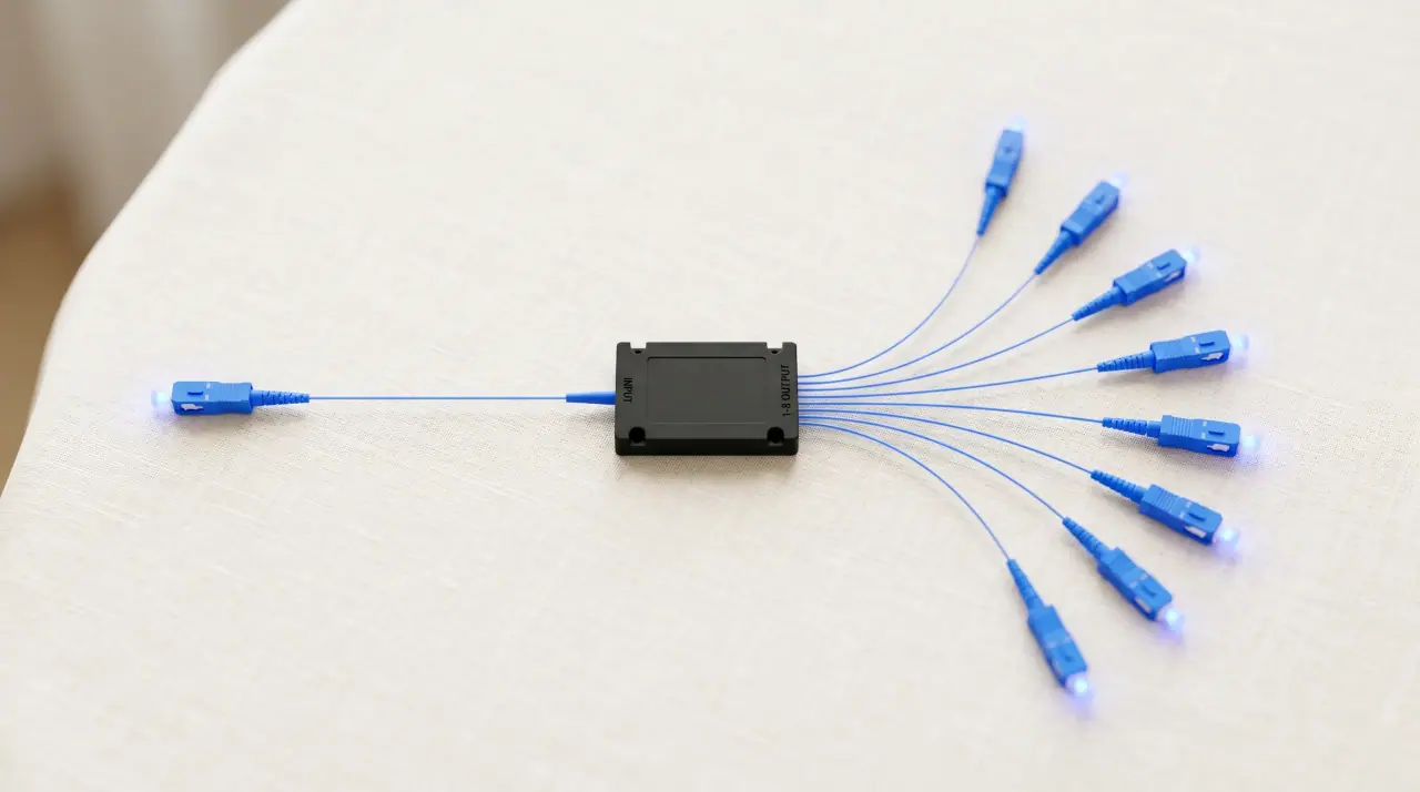 PLC fiber optic splitter showing signal paths and insertion loss across multiple output ports