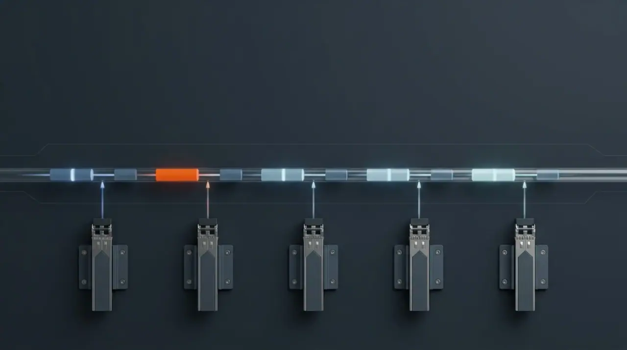 Abstract schematic of PON upstream time-division sharing, where several ONTs transmit in assigned slots on one fiber