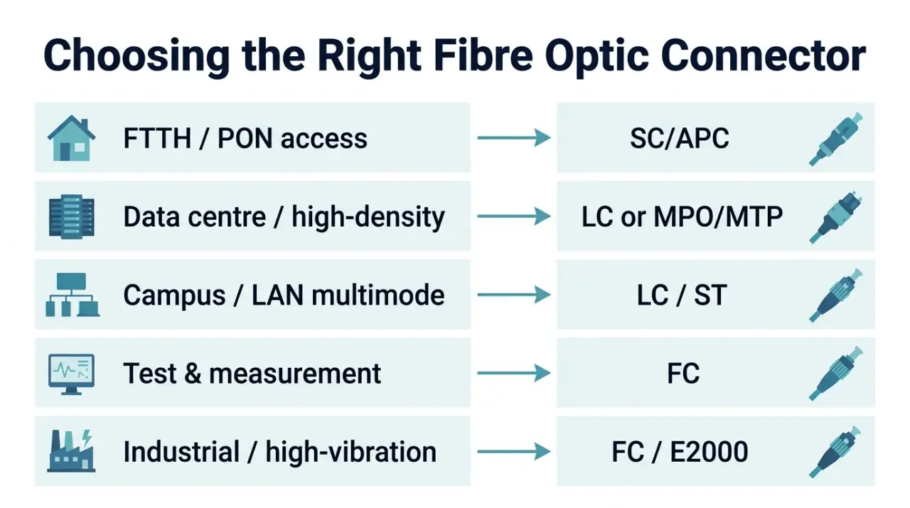 A fibre optic connector selection guide matching common scenarios — FTTH, data centre, LAN, test and measurement, industrial — to the recommended connector type and endface polish