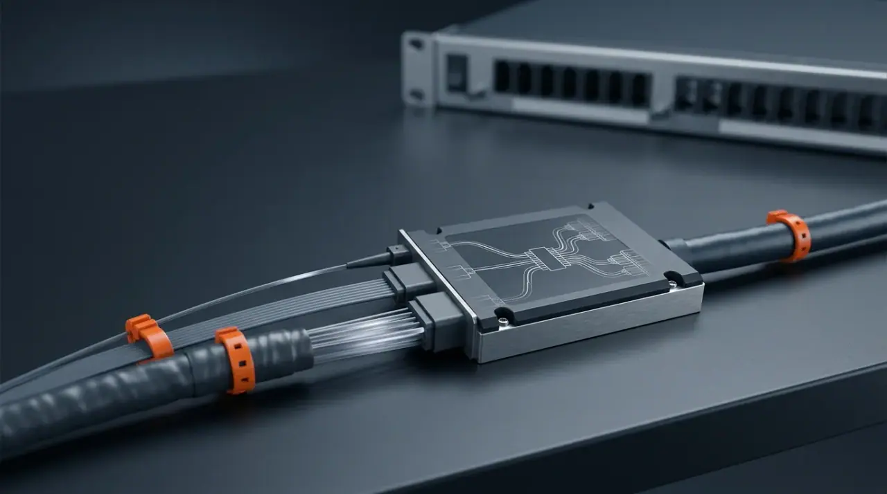 Three fiber optic paths merging through a passive optical splitter, illustrating a GPON vs EPON vs XGS-PON comparison