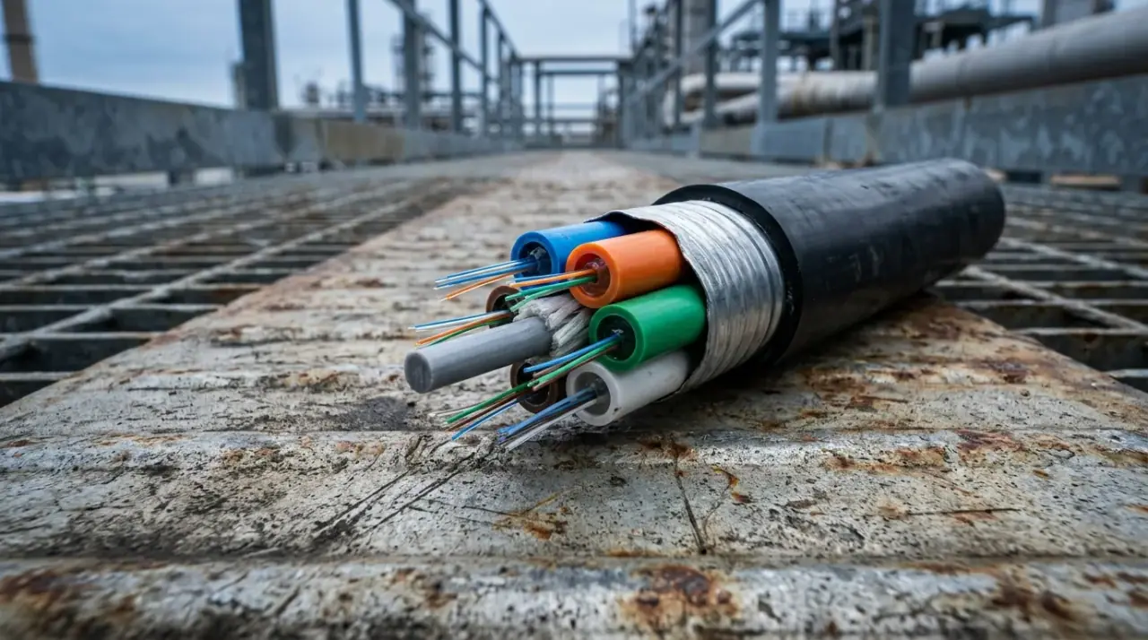 Close-up cross-section of a black LSZH-jacketed armored fiber optic cable with steel tape armor and loose tubes visible, resting on a steel refinery walkway