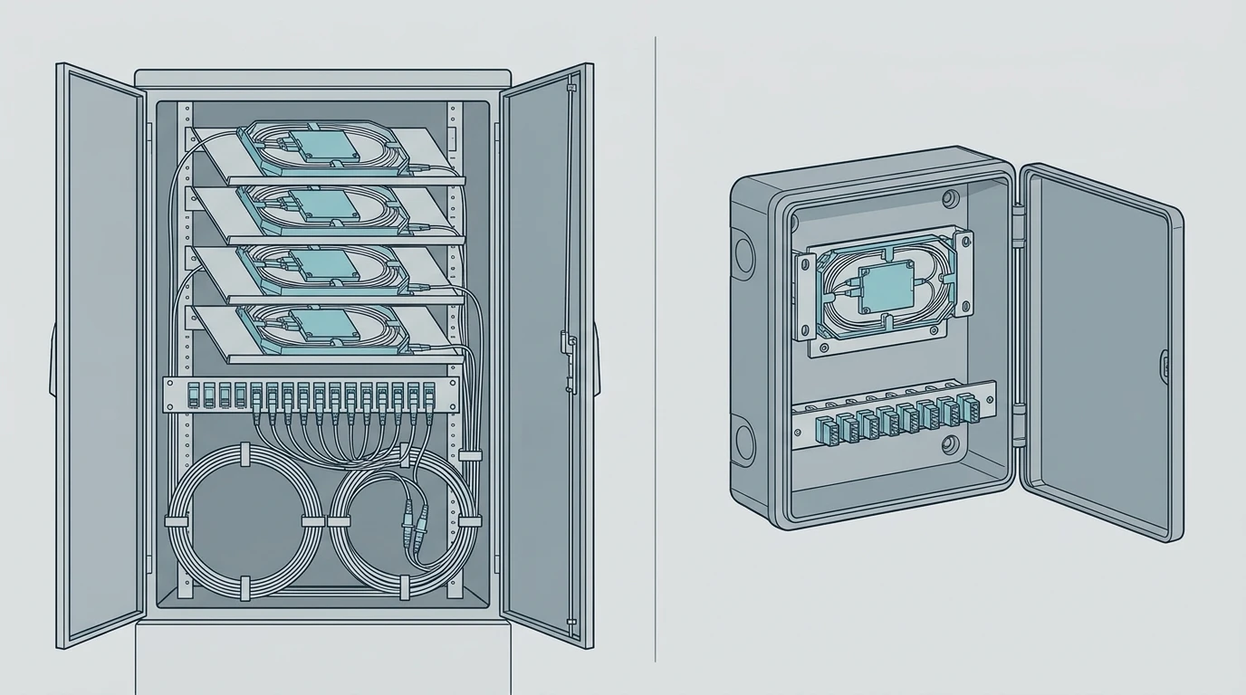 Cutaway comparison of a large multi-cassette street cabinet beside a compact single-splitter access box