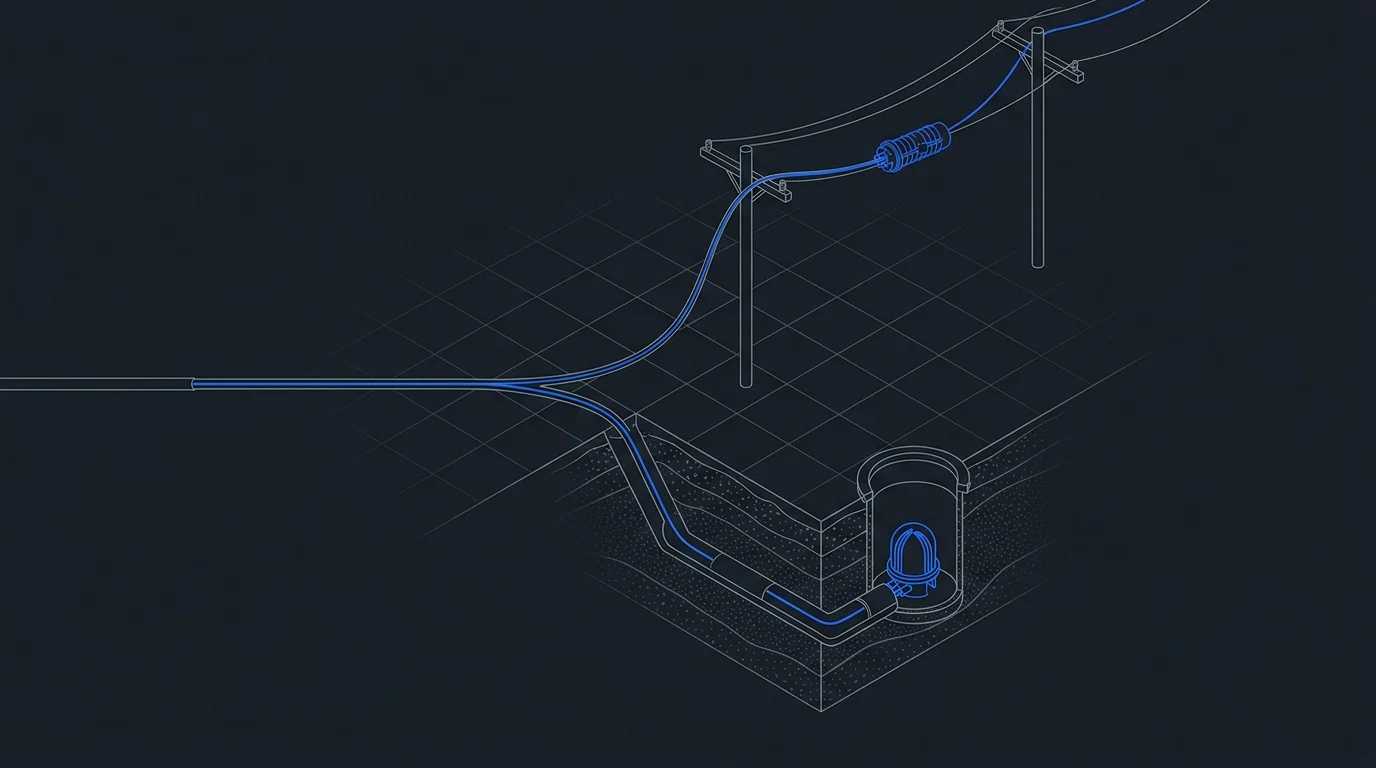 Aerial and underground fiber splice closures compared — a cable forking to a strand-mounted closure and a buried vault dome closure
