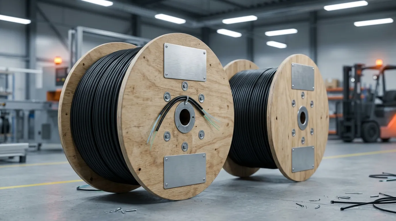 White-label fiber optic cable reels in an industrial setting, illustrating OEM certification transfer for cable buyers