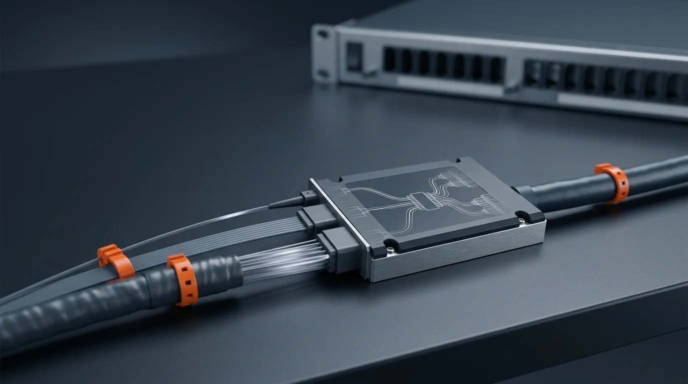 Three fiber optic paths merging through a passive optical splitter, illustrating a GPON vs EPON vs XGS-PON comparison