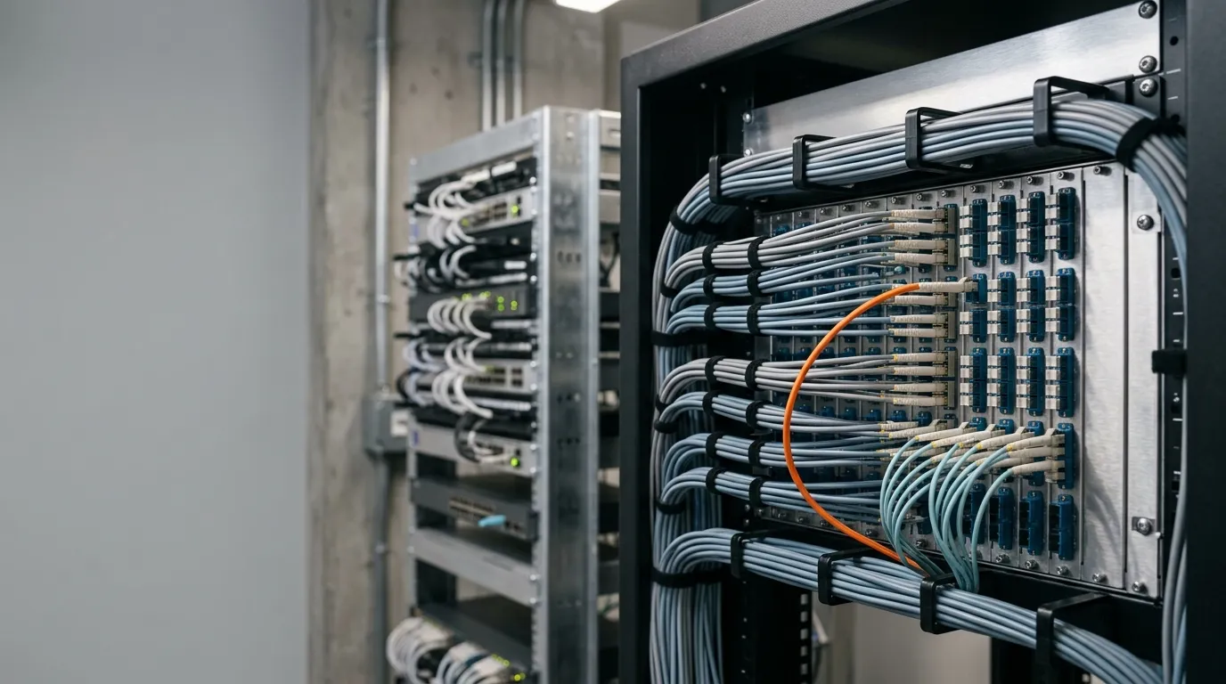 Rack-mount fiber patch panel with neatly dressed patch cords in a telecom room, one orange cord as accent.