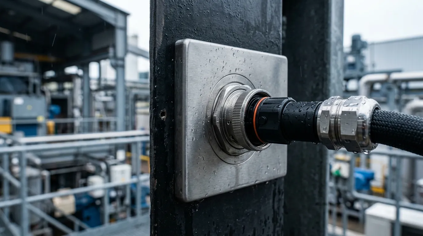Mated pair of rugged industrial fiber connectors seated in a sealed stainless bulkhead on a factory floor