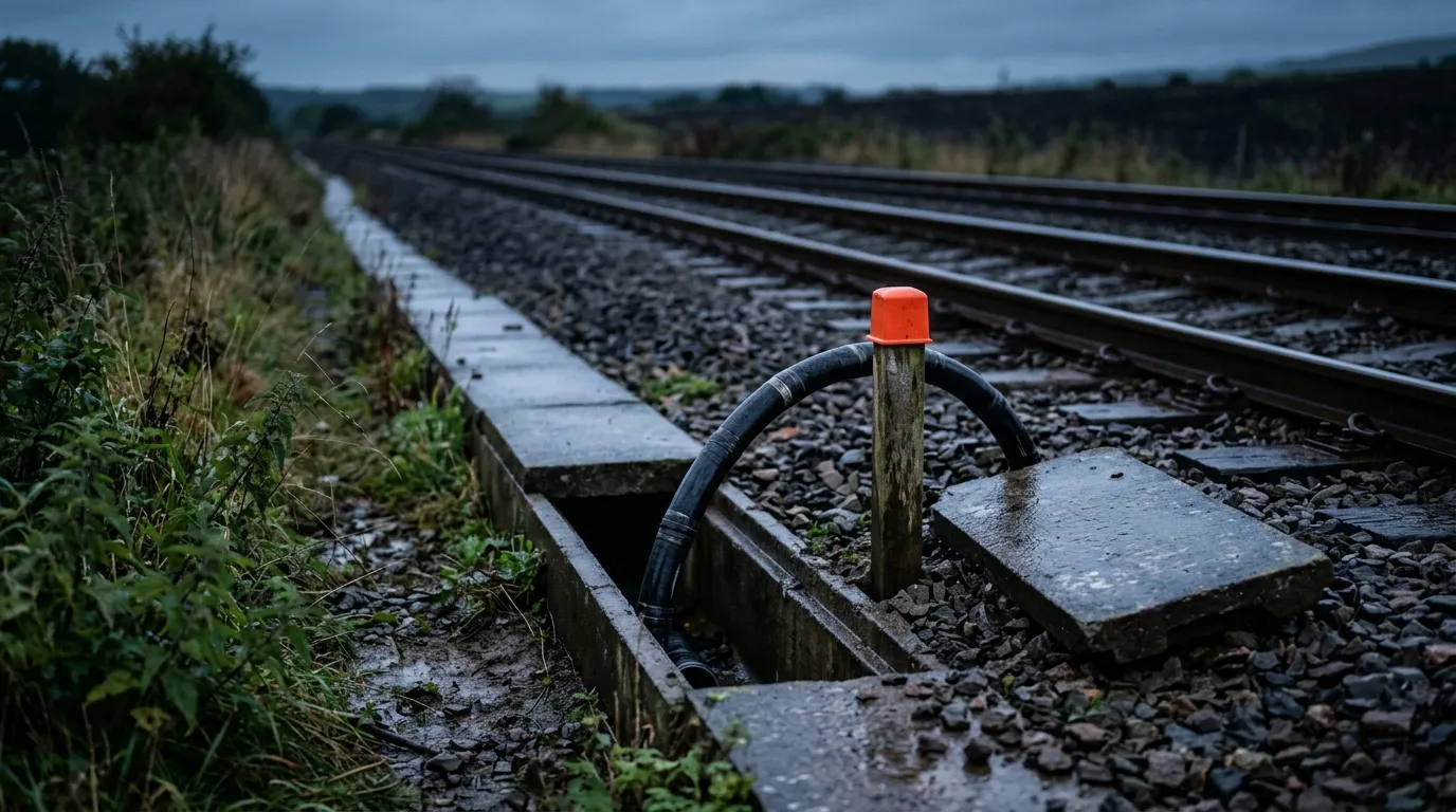 Armored fiber optic cable emerging from a concrete cable trough route beside a railway track at dusk