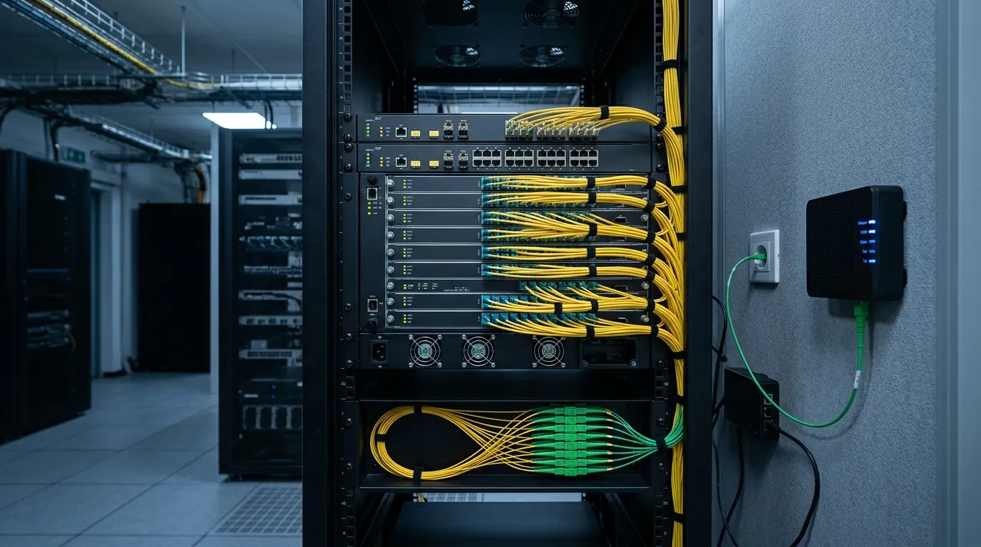 Optical line terminal chassis with yellow fiber patch cords next to a passive splitter and a wall-mounted ONT in a fiber access network