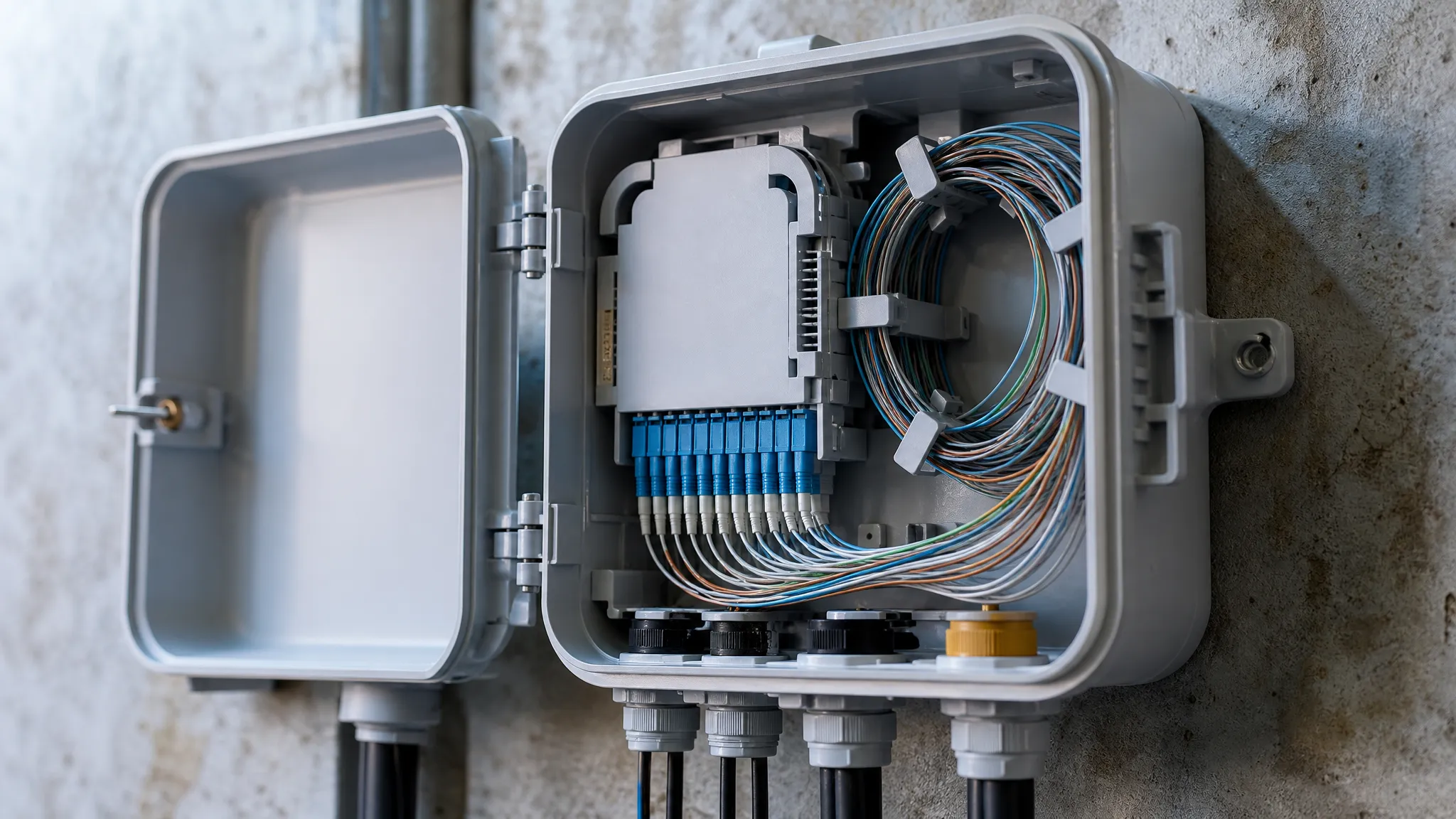 A passive optical network access tree with a central office OLT, a splitter node in a street cabinet and subscriber ONT endpoints