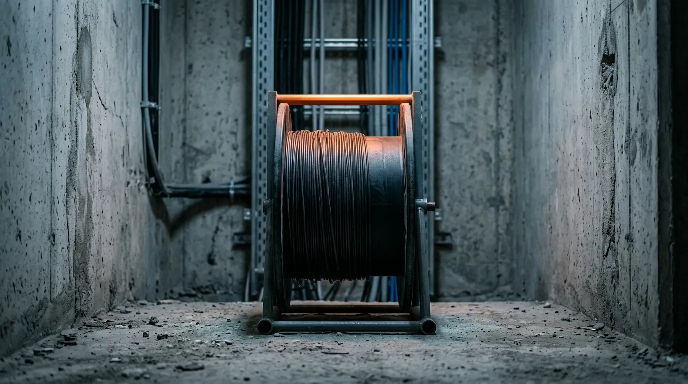 Photorealistic 3D render of an indoor fiber optic cable reel standing in a concrete riser shaft, cool grey and blue palette with one safety-orange accent light