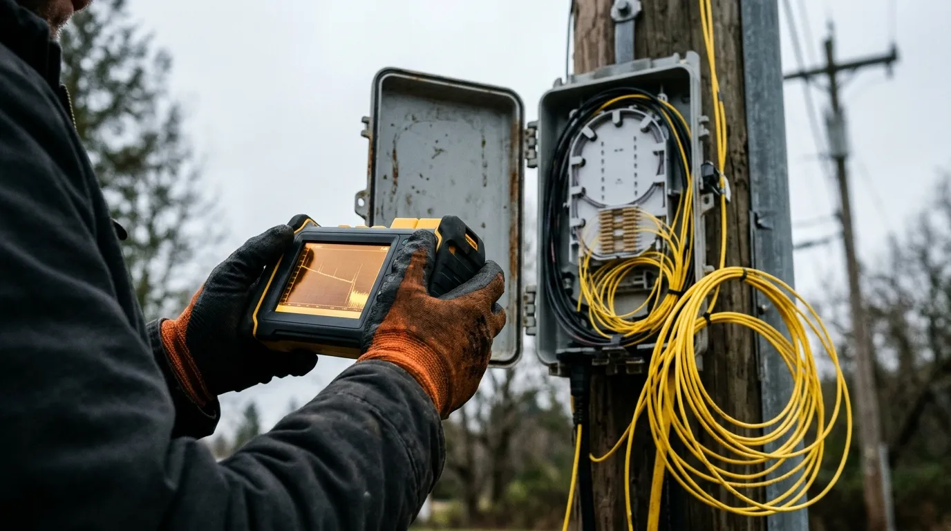 Field technician holding a handheld OTDR beside an open outdoor fiber splice closure with coiled yellow patch leads