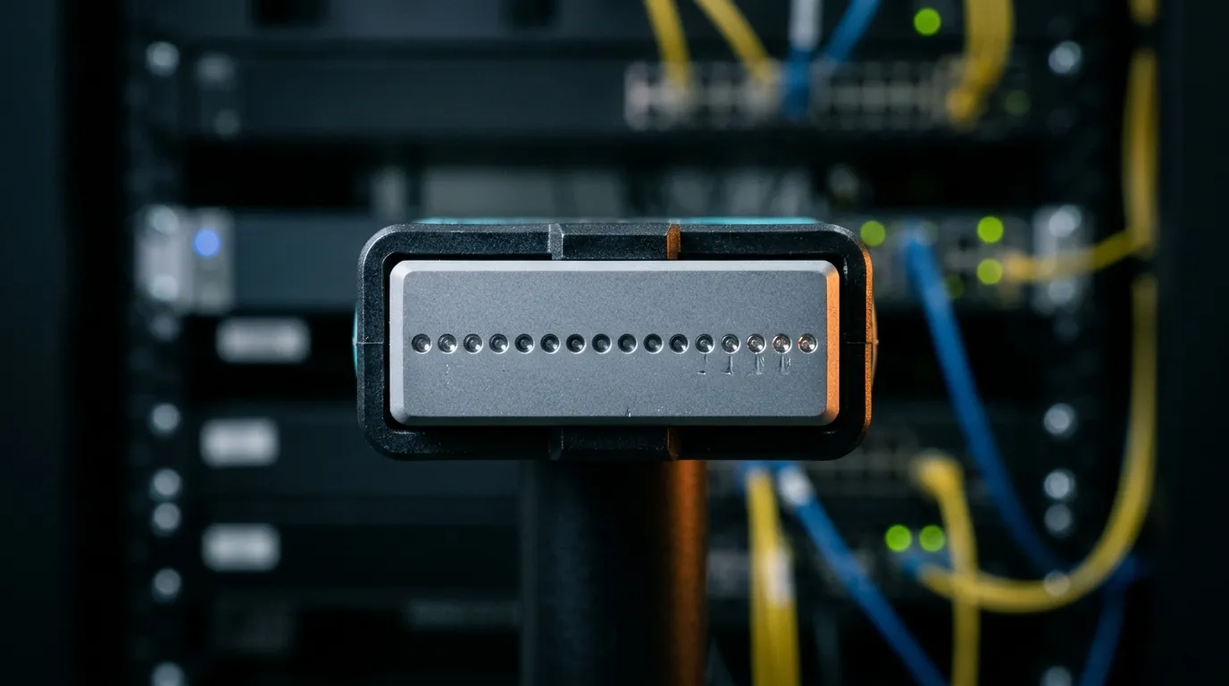 Macro view of a 16-fiber MPO ferrule face against a dark data-center rack, illustrating 400G fiber cabling