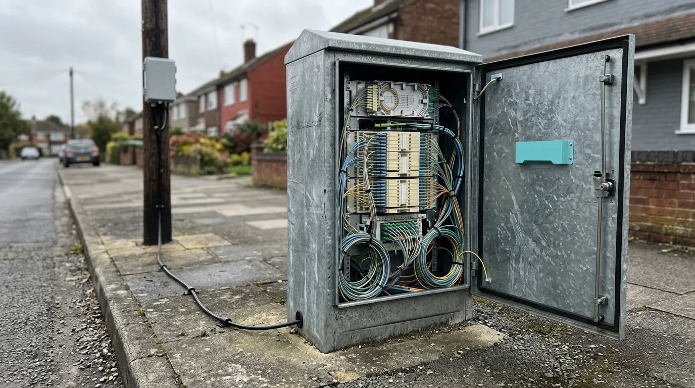 Open galvanized street cabinet with splice trays and coiled patch cords on a residential sidewalk, with a smaller fiber access terminal mounted on a utility pole