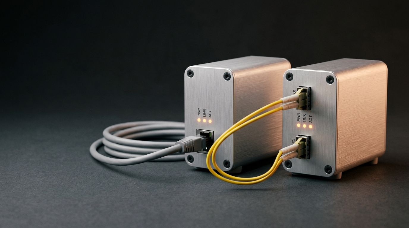 Pair of standalone fiber optic media converters linking copper Ethernet to single-mode fiber with patch cords
