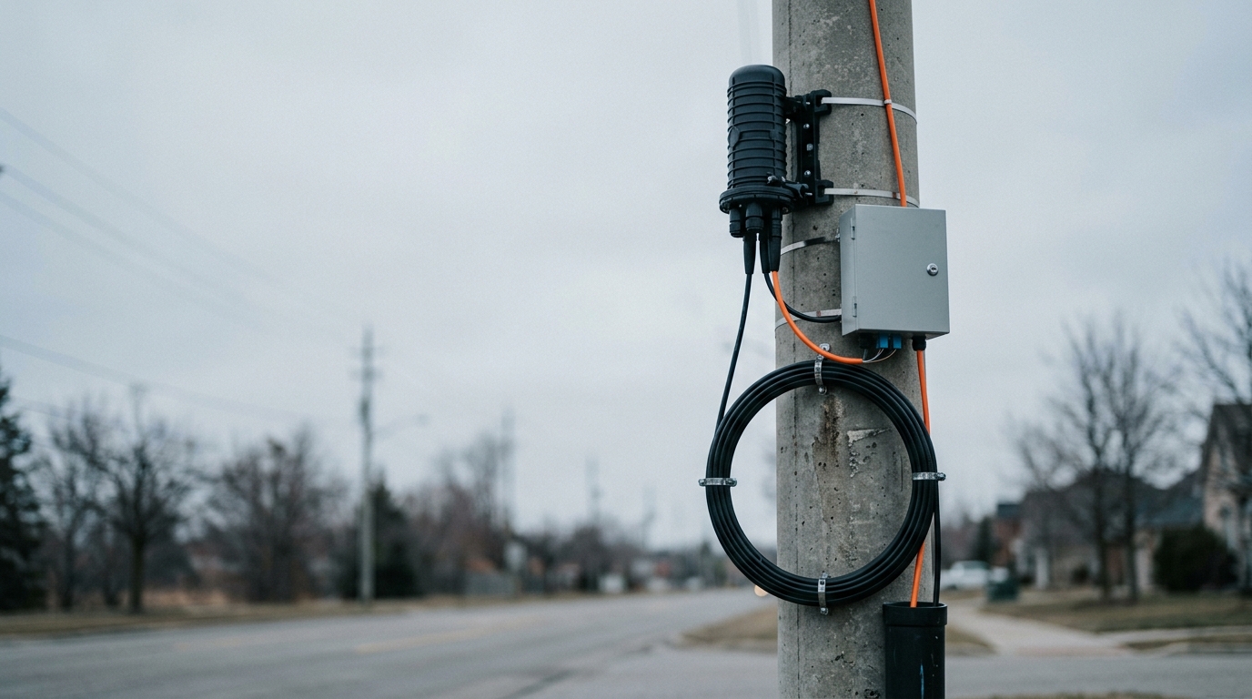 Weatherproof street-side fiber distribution point with a splice closure and passive splitter cabinet mounted on a concrete pole