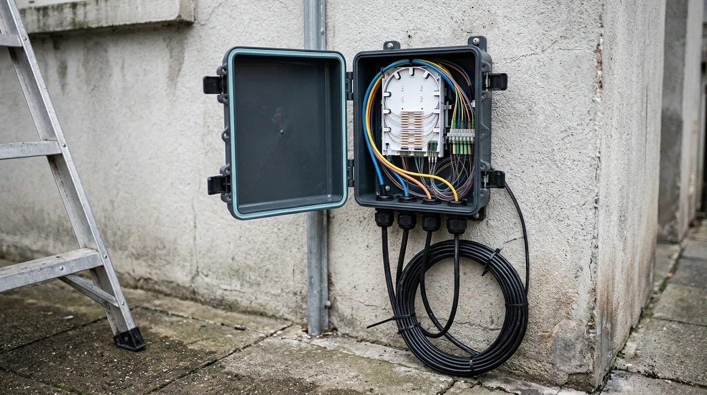 Open wall-mounted fiber access terminal at working height with drop cables and a coiled service loop