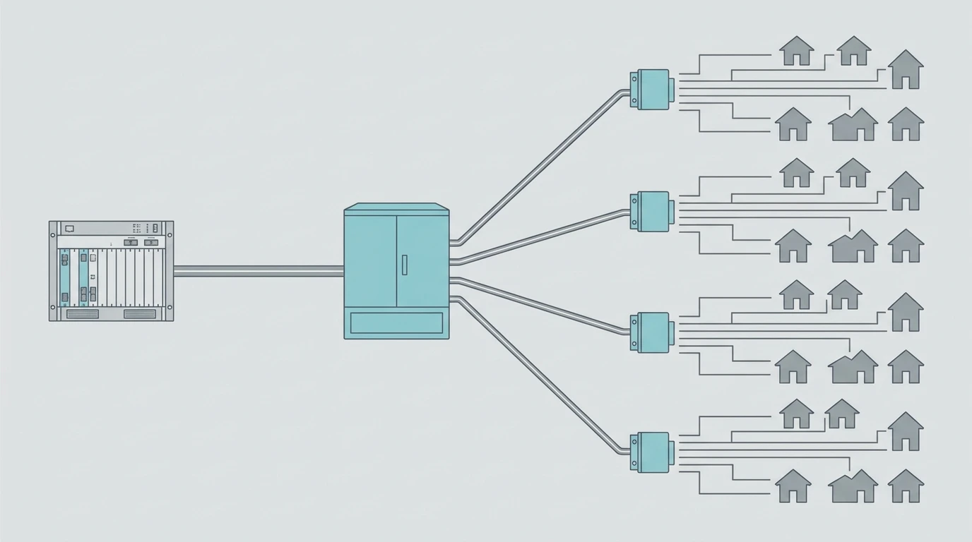 Network tree diagram from an OLT through a street cabinet to four access terminal boxes serving individual houses