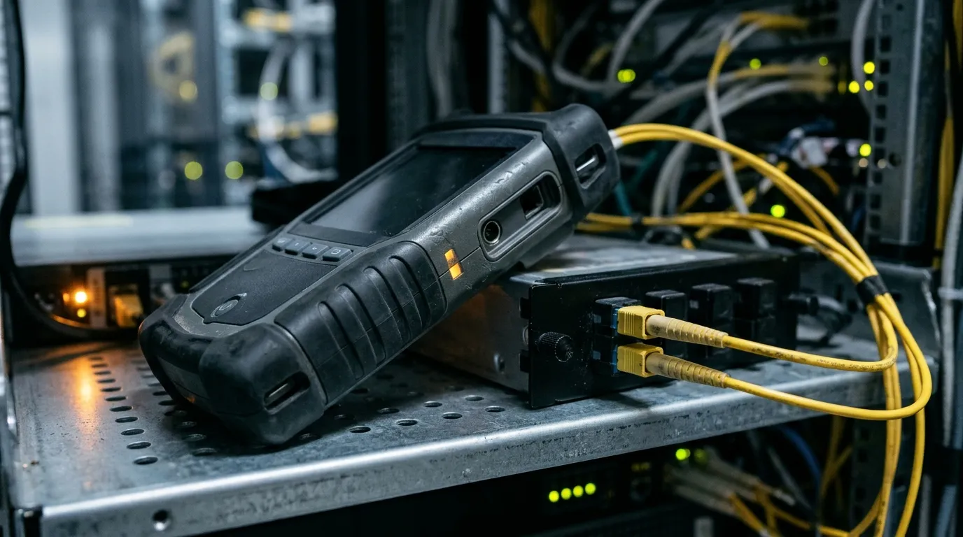 Handheld optical loss test set beside a fiber adapter panel with yellow reference patch cords, screen dark