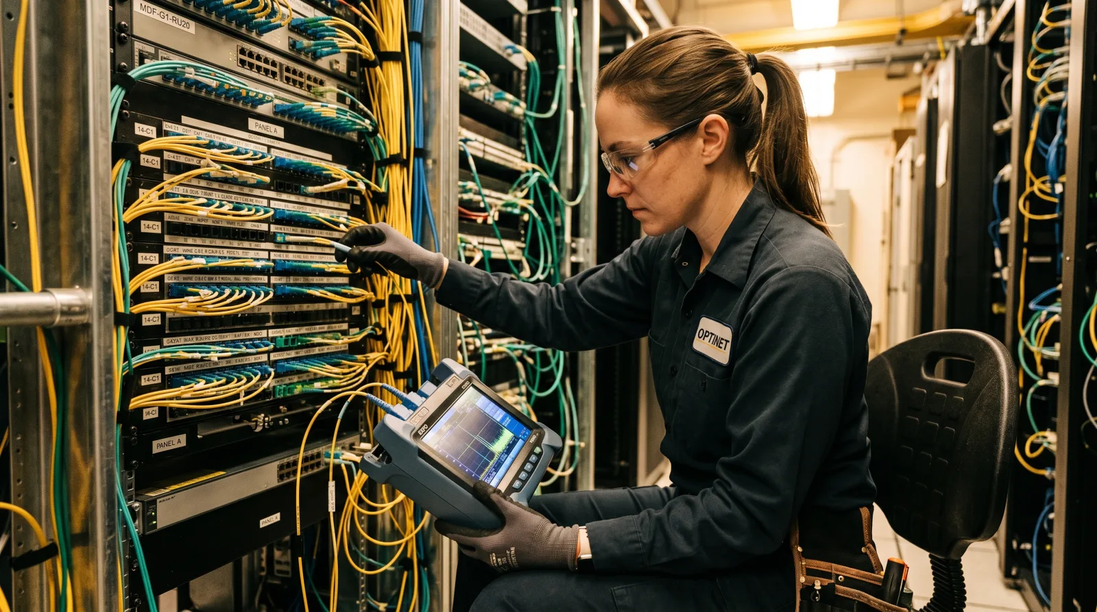 Technician troubleshooting fiber optic connections in a patch panel with an OTDR meter visible on the workbench