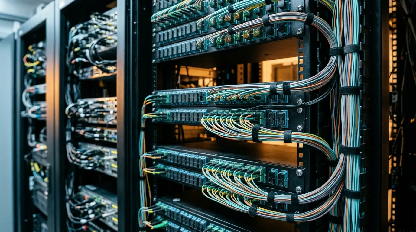 Rows of fiber adapter panels with laced patch cords and vertical cable management in a data-center cabinet