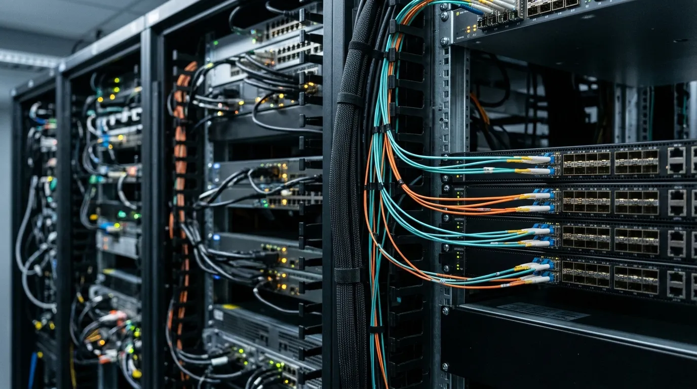Duplex LC patch cords in aqua and orange plugged into the front ports of stacked data-center switches