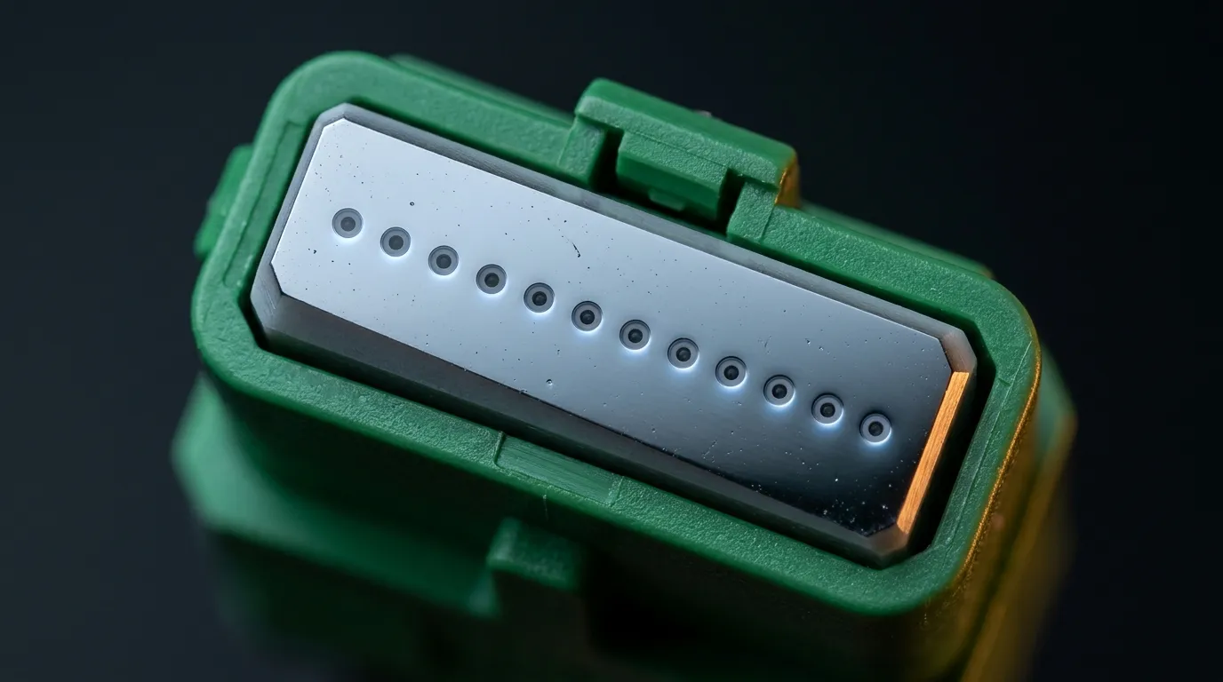 Green-housed 12-fiber MPO connector in macro, angled APC ferrule catching raking light