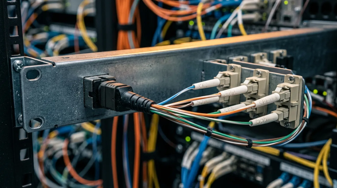 Multi-fiber breakout harness in a patch panel splitting one wide connector into four duplex LC pairs on thin coloured legs