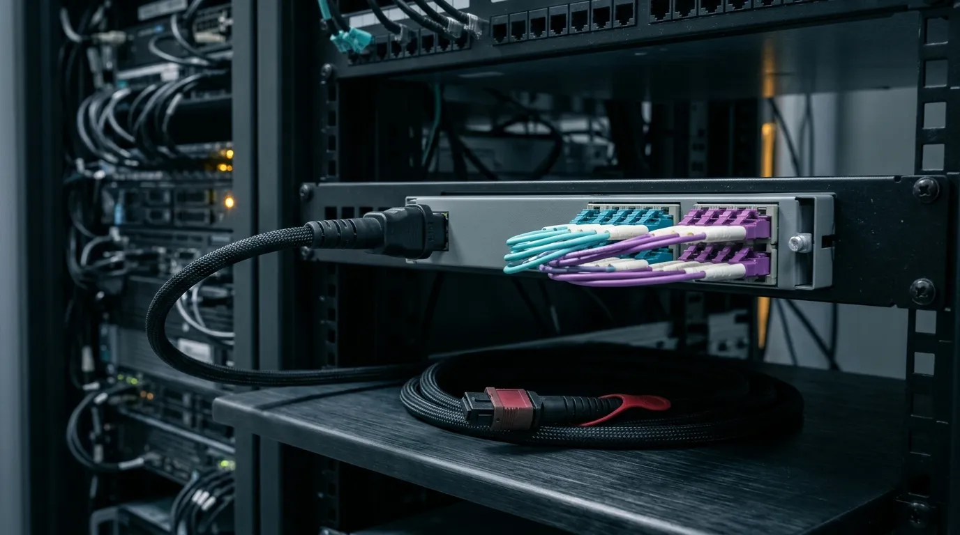 An MPO trunk cable entering a 1U fiber panel with aqua and violet duplex LC legs fanning out