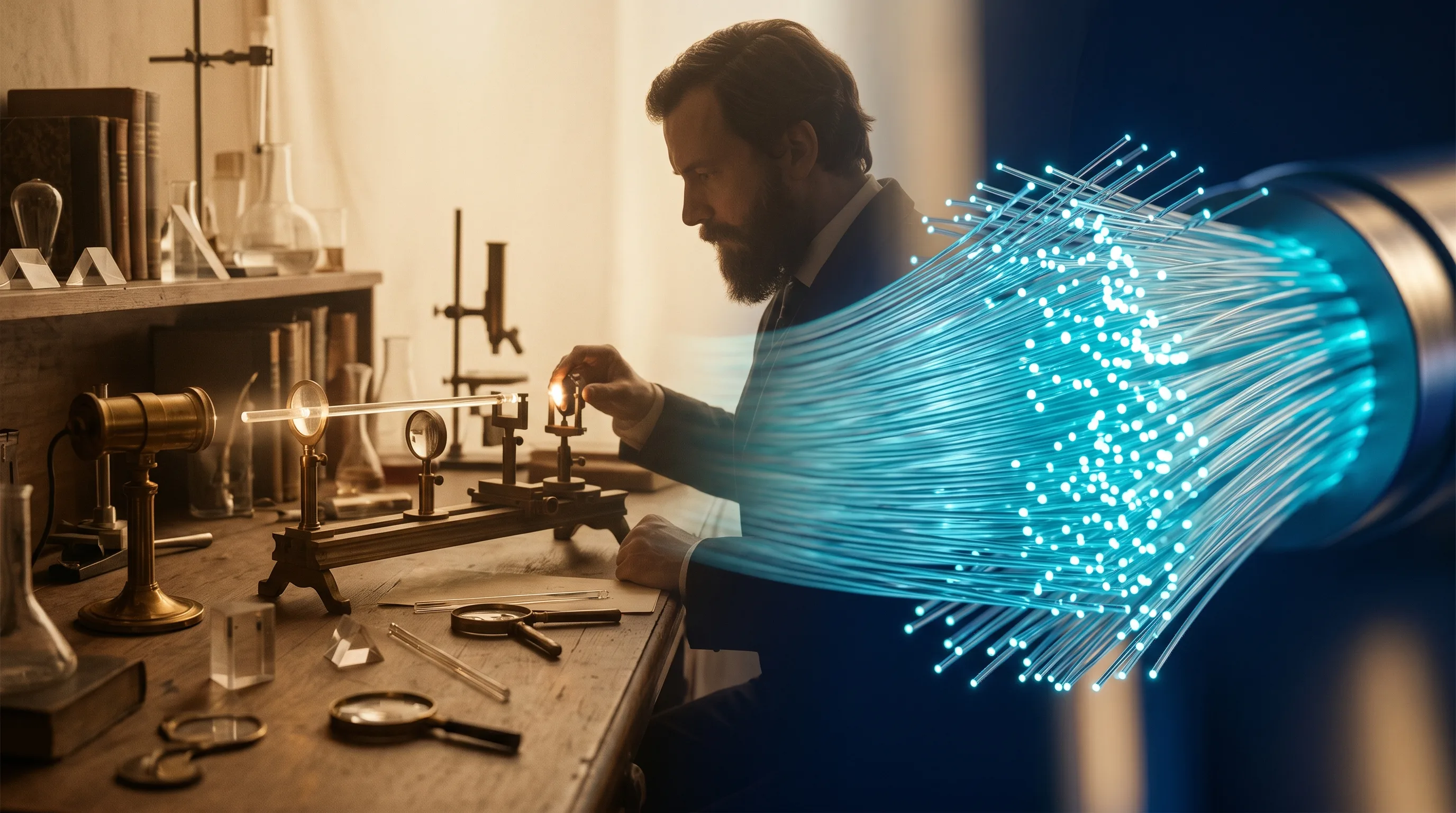 Historical progression of fiber optic cable — from 19th-century optics experiments to modern glowing single-mode fiber strands
