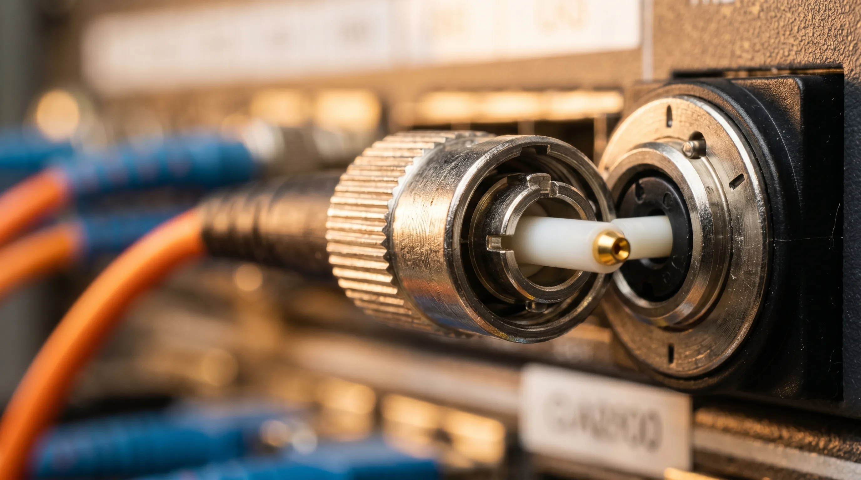 Macro close-up of an ST (straight tip) fiber optic connector showing its 2.5 mm ceramic ferrule and bayonet twist-lock coupling mechanism